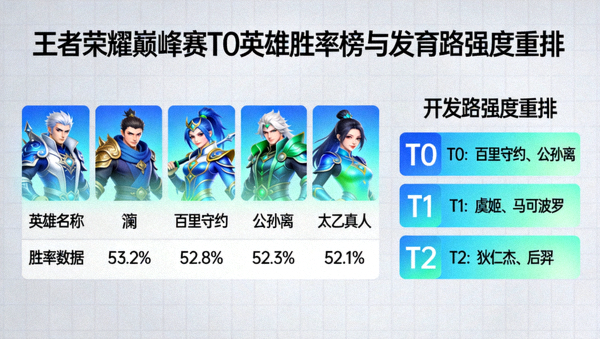 王者荣耀巅峰赛T0英雄胜率榜与发育路强度重排数据图